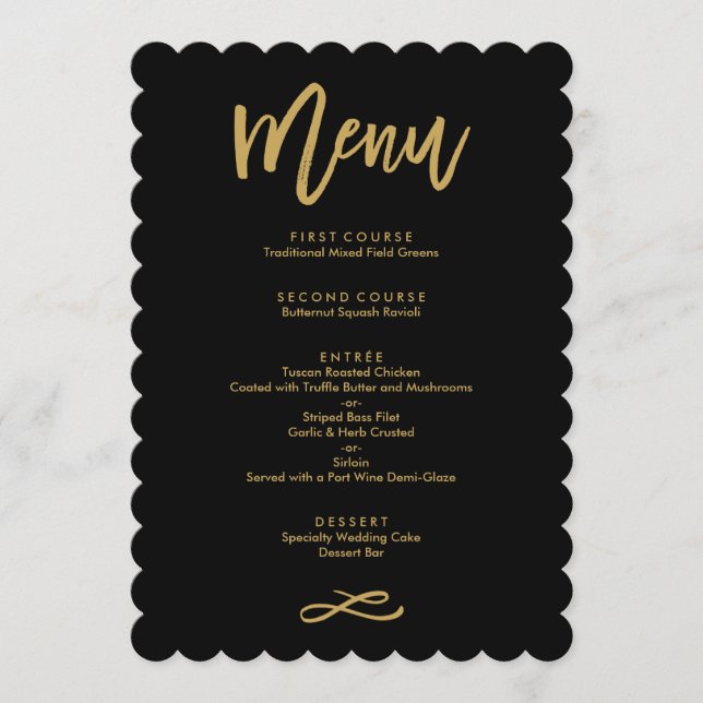 Menu de Casamento Dourado e Preto com Letra Chic M (Frente)