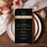 Menu de Casamento Dourado e Preto de Luxo<br><div class="desc">Menu de casamento moderno,  elegante,  simples,  preto de luxo e folha de ouro com simples escrita moderna e monograma no topo.</div>