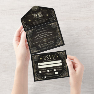 MENU de Casamento Dourado e Preto do Halloween Tar