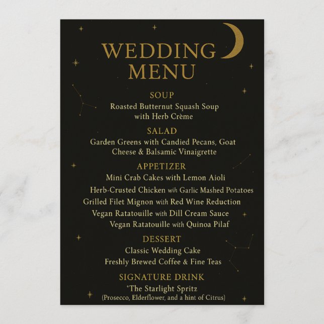 Menu de Casamento Dourado e Preto Elegante Celesti (Frente)