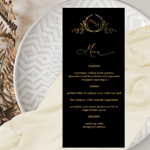 Menu de Casamento Dourado e Preto Elegante Monogra