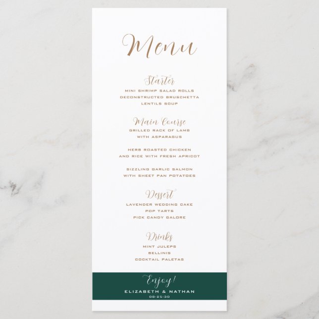 Menu de Casamento Dourado e Verde Esmeralda Minima (Frente)