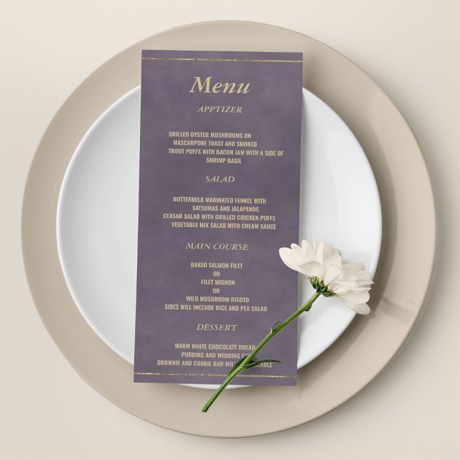 Menu de Casamento dourado lilás na moda escura lav (Stylish dark lavender lilac gold Wedding Menu)