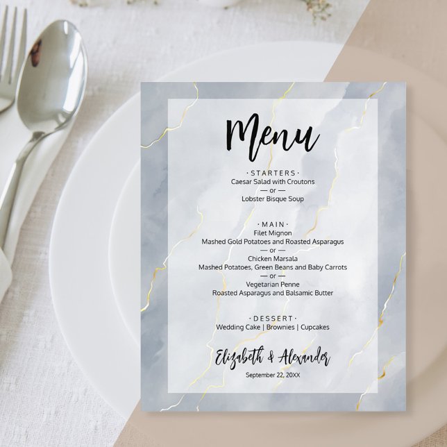Menu de Casamento Dourado Marble Azul com Dusty (Criador carregado)
