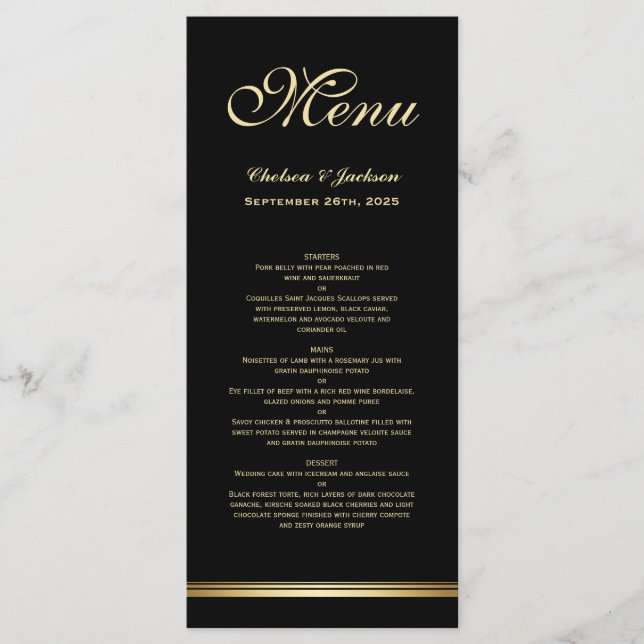 Menu de Casamento Dourado Negro Elegante Moderno (Frente)