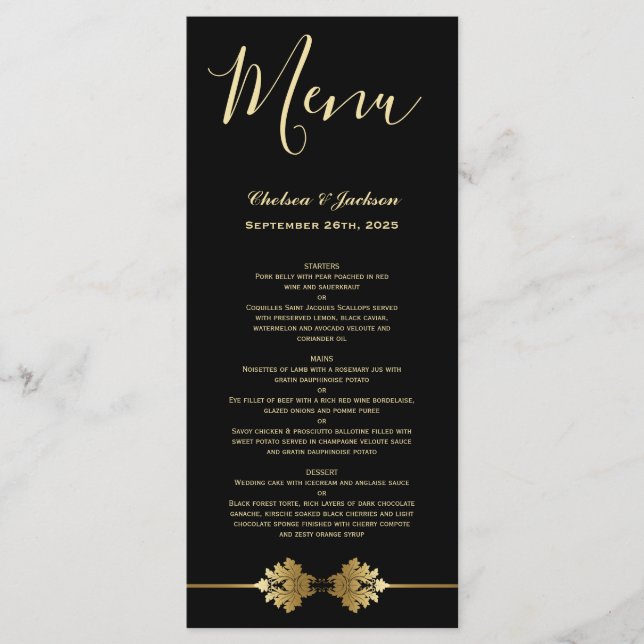 Menu de Casamento Dourado Negro Elegante Moderno (Frente)
