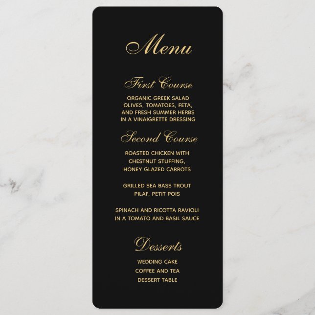Menu de Casamento Dourado Preto do Script Chic (Frente)