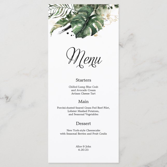 Menu de Casamento Dourado Tropical e Verde (Frente)