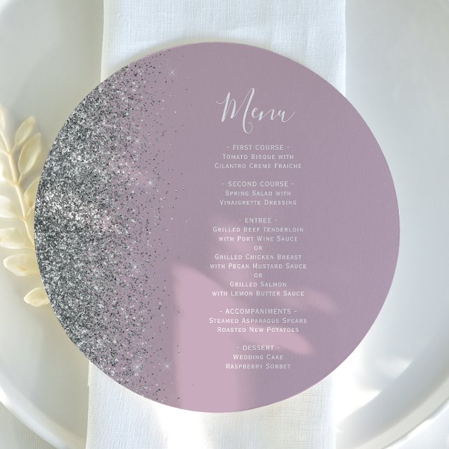 Menu de Casamento Dusty Lilac Silver Glitter Round (Criador carregado)
