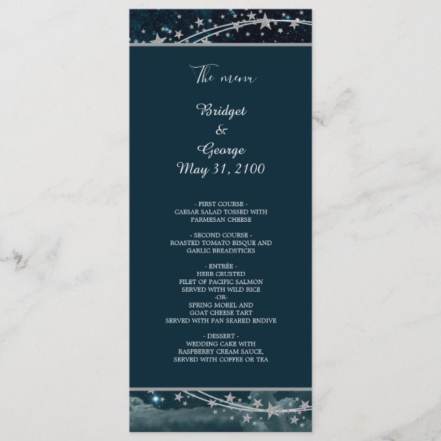 menu de casamento elegante azul galáxia céu (Frente)