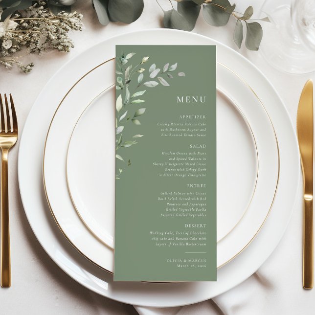 Menu de Casamento Elegante Botânico Verde de Sage (Menu)