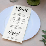 Menu de Casamento Elegante da Caligrafia Encantado<br><div class="desc">Carinhoso menu de casamento preto e branco com uma combinação de uma fonte moderna e limpa e um roteiro negro ousado. Adicione seus nomes e menu de casamento. O menu de casamento mínimo da Tendy em preto e branco. Aproveite o menu de casamento personalizado com seus nomes.</div>