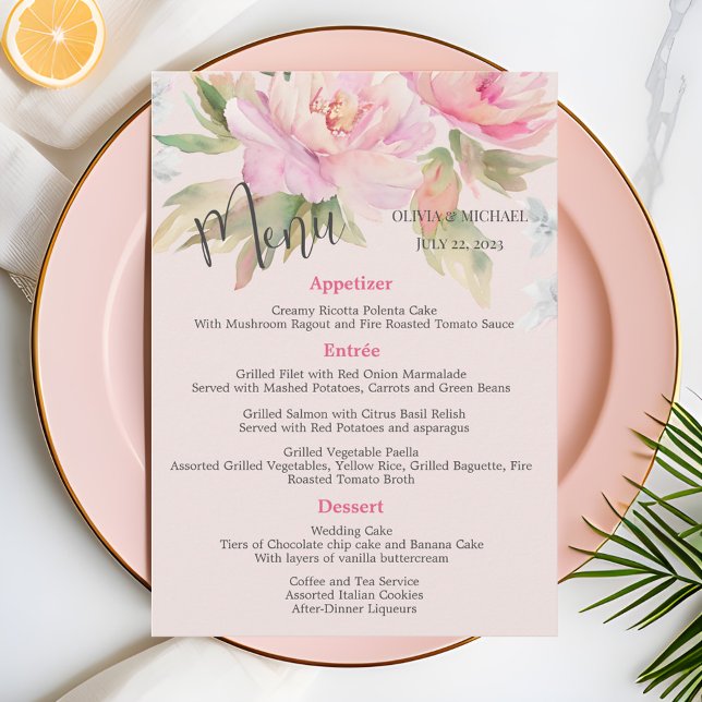 Menu de Casamento Elegante de Aquarela, cor-de-ros (Criador carregado)