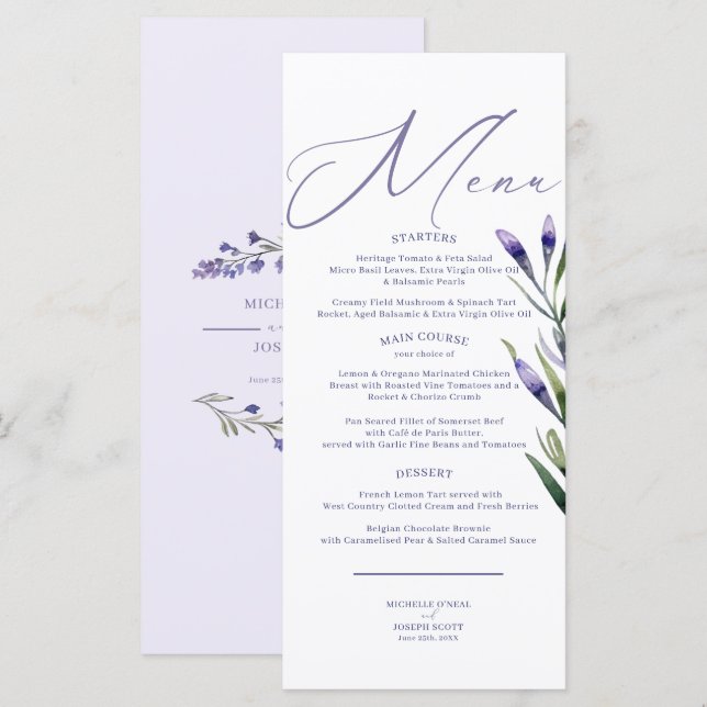 Menu de Casamento Elegante de Aquarela de Blisas d (Frente/Verso)