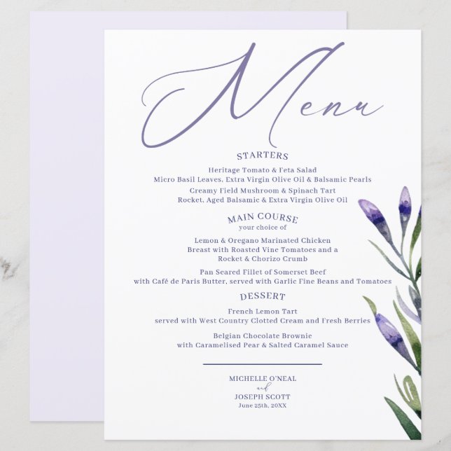 Menu de Casamento Elegante de Aquarela de Blisas d (Frente/Verso)