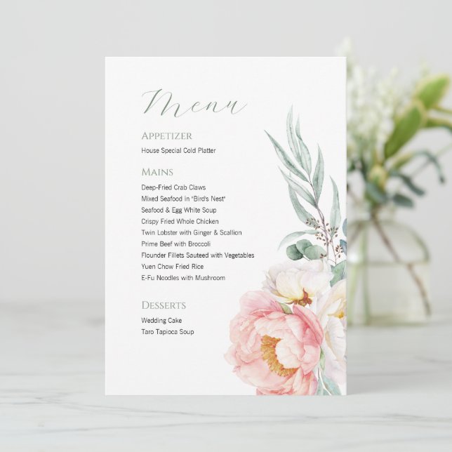 Menu de Casamento Elegante de Eucalyptus Peonies (Em pé/Frente)