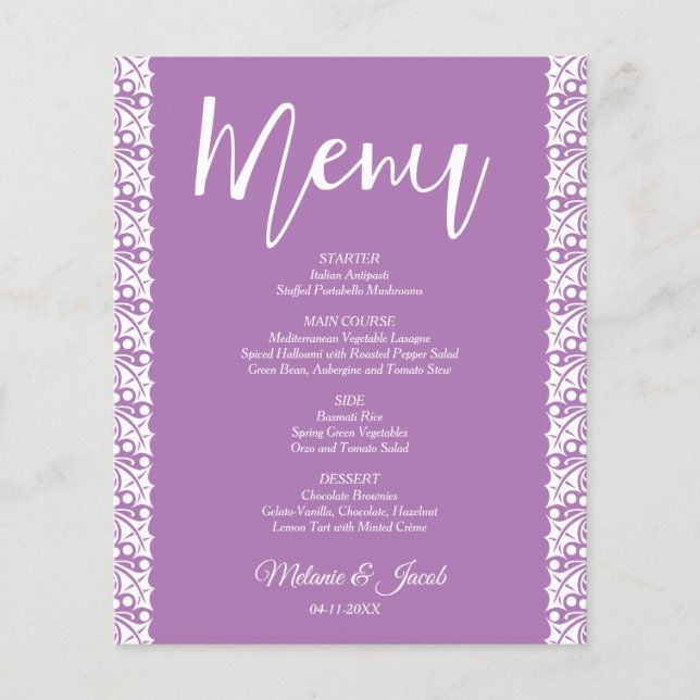 Menu de Casamento Elegante de Lavanda de Orçamento (Frente)