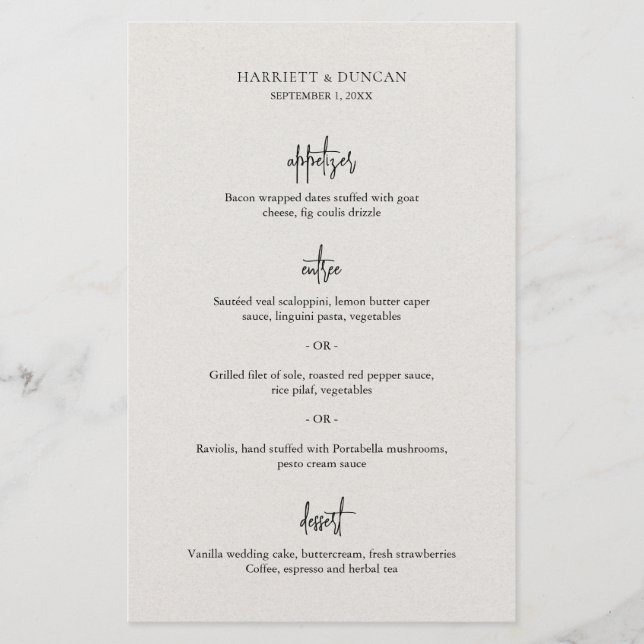 Menu de Casamento Elegante do bege neutro do etern (Frente)