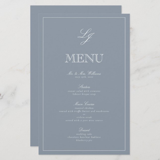 Menu de Casamento Elegante do Script Azul Monogram (Frente/Verso)