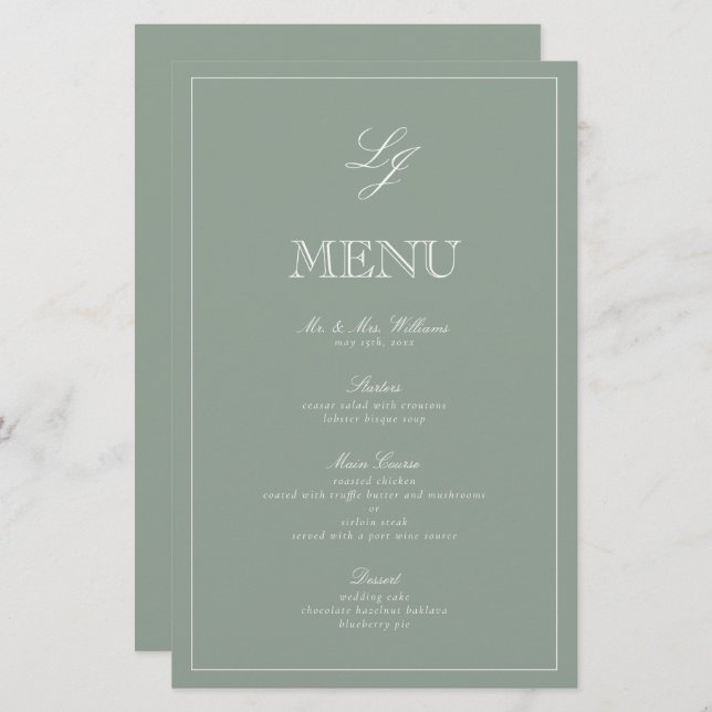 Menu de Casamento Elegante do Script Verde do Mono (Frente/Verso)