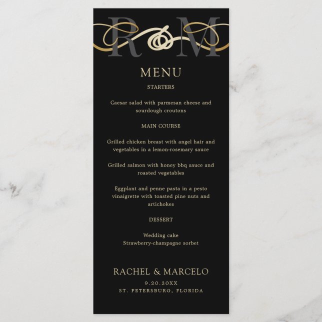 Menu de Casamento Elegante Dourado do Monograma (Frente)