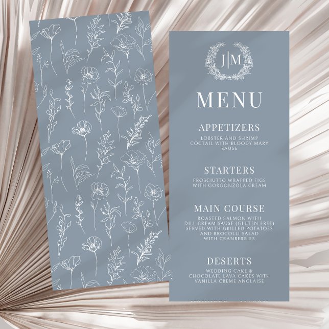 Menu de casamento elegante floral azul-Dusty (Criador carregado)