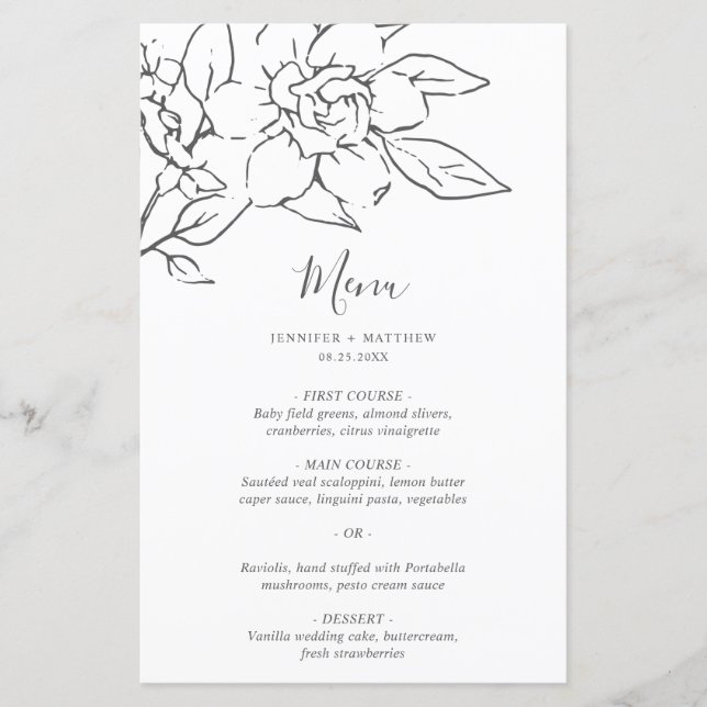 Menu de Casamento Elegante Floral de Arte Neutral (Frente)