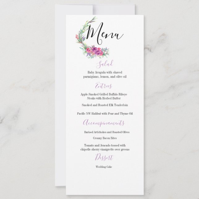 Menu de Casamento Elegante Floral Púrpura da Aquar (Frente)