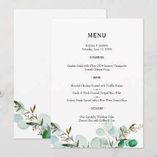 Menu de Casamento Elegante Greenery Watercolor