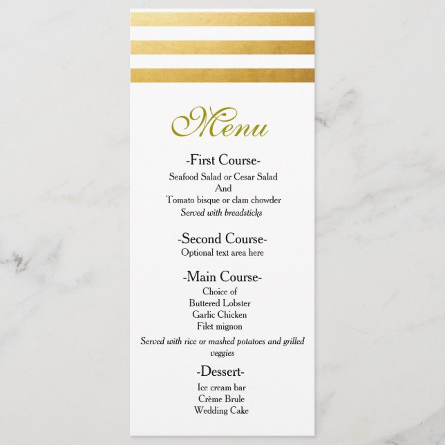 Menu de Casamento Elegante Listras de Folha Dourad (Frente)