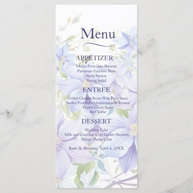 Menu de Casamento Elegante Periwinkle Clematis (Frente)