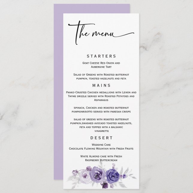 Menu de Casamento Elegante Prata e Púrpura (Frente/Verso)