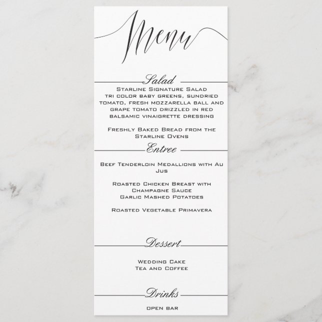 Menu de Casamento Elegante Preto e Branco (Frente)