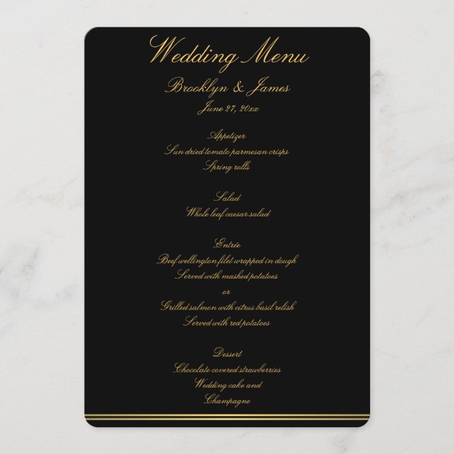 Menu de Casamento Elegante Preto E Dourado (Frente)
