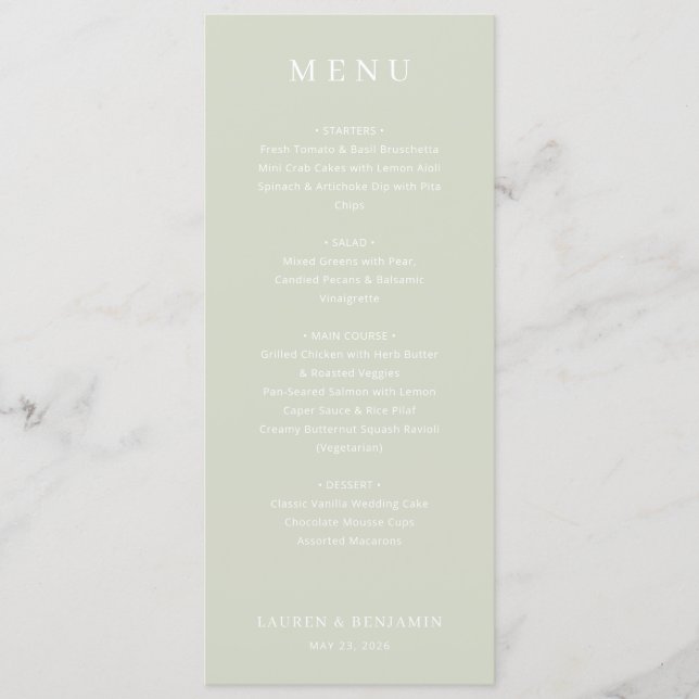 Menu de Casamento Elegante Sage (Frente)