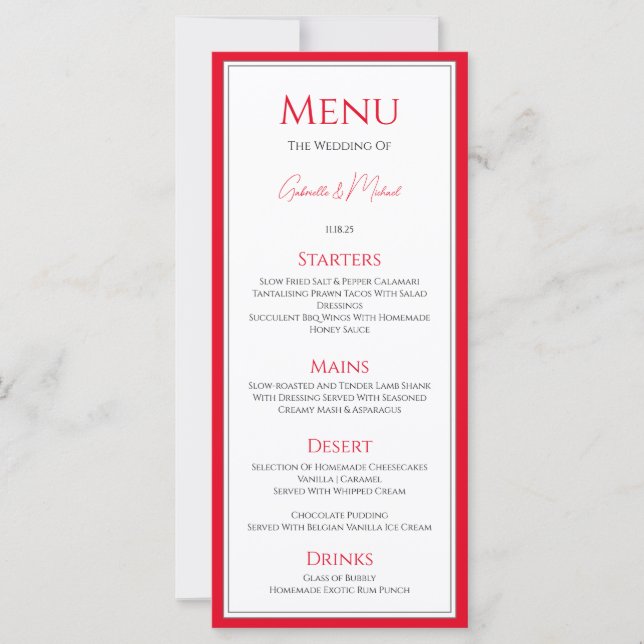 Menu de Casamento Elegante Simples e Vermelho Cher (Frente)
