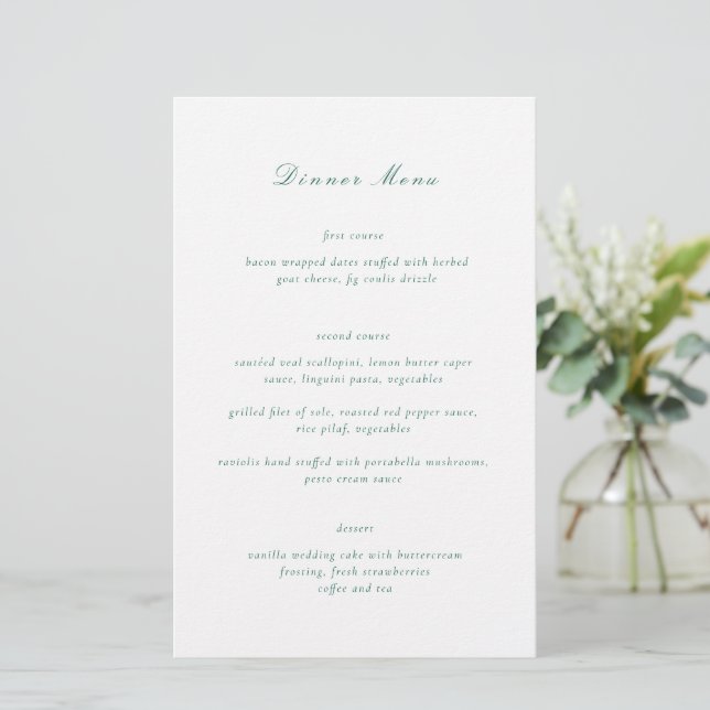 Menu de Casamento Elegante Verde Emerald Limpo (Em pé/Frente)