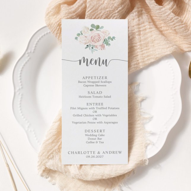 Menu de Casamento Elegante Verde Floral Cor-de-Ros (Criador carregado)