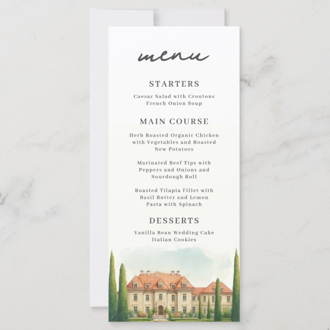 Menu de Casamento em Aquarela Chic Vila Italiana d (Frente)