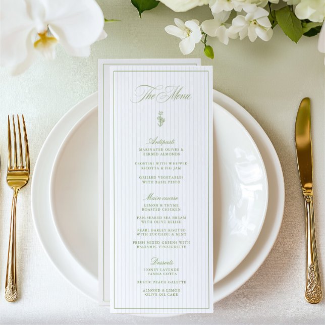 Menu de Casamento em Faixa Verde & Beige Clássica (Classic Sage Green & Beige Striped Wedding Menu)