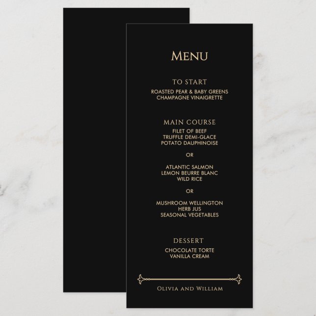 Menu de Casamento em Moldura Dourada Art Deco Vint (Frente/Verso)
