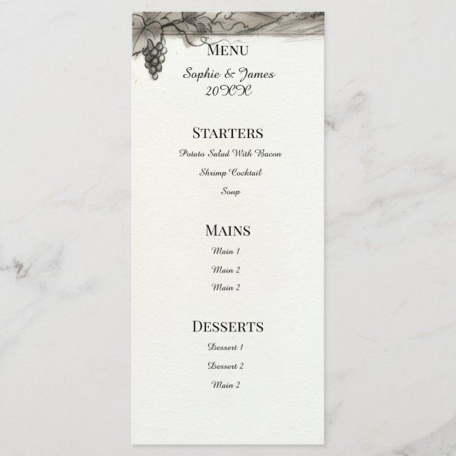 Menu de Casamento em Quadro Botânico Sépia (Frente)