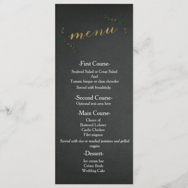 Menu de Casamento em Quadro-Negro com Azevinho par (Frente)
