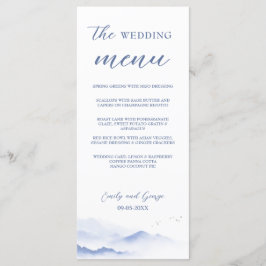 Menu de casamento entre montanhas e aves azuis