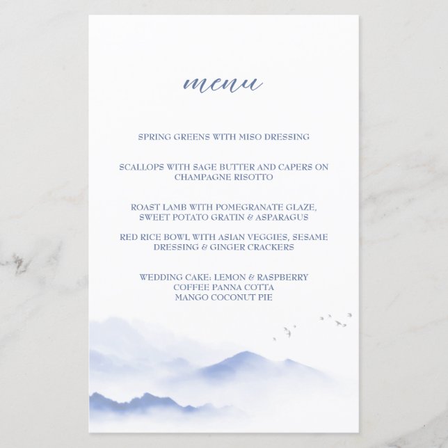 Menu de casamento entre montanhas e aves azuis (Frente)