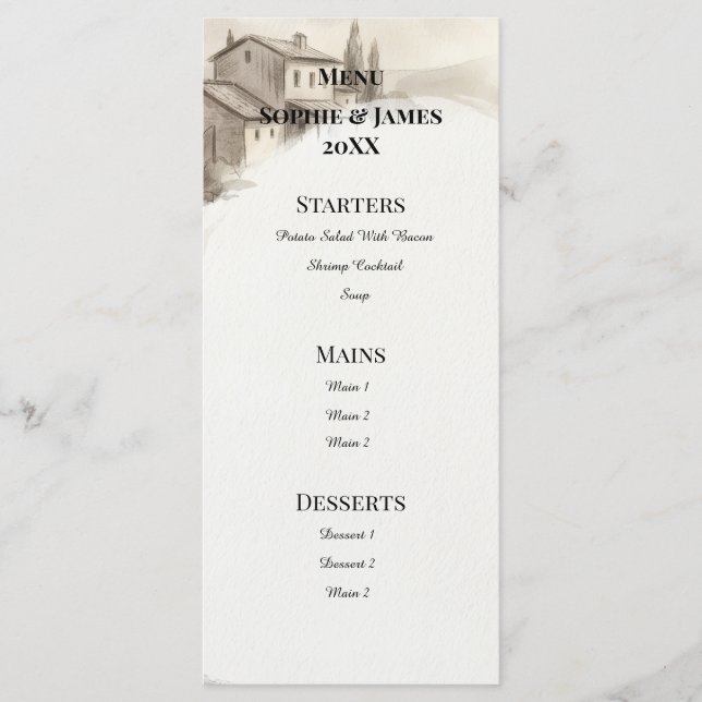 Menu de Casamento Esboço do Castelo das Terras Alt (Frente)