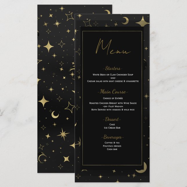 Menu de Casamento Estrelas da Lua Celestial Preto  (Frente/Verso)