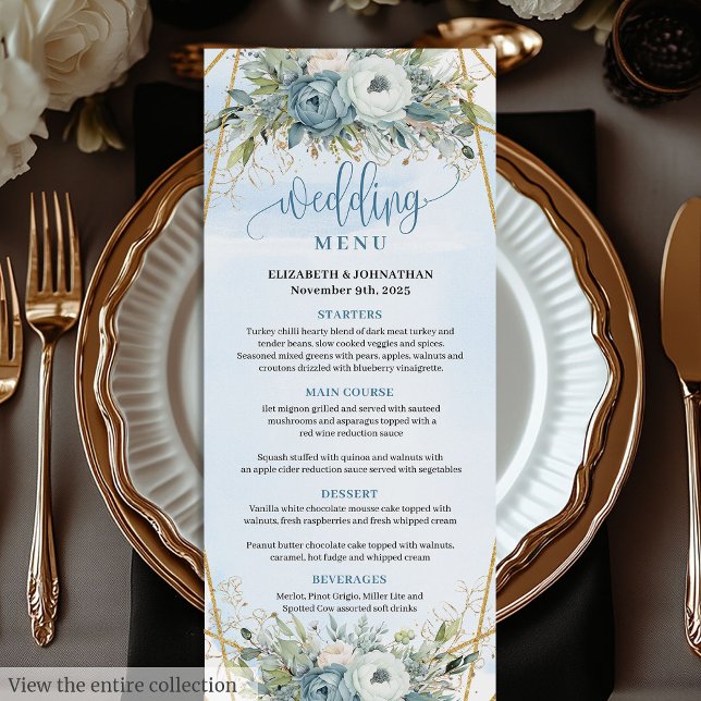 Menu de Casamento Eucalyptus Azul e Sofisticado (Sophisticated Dusty Blue Eucalyptus Wedding Menu)