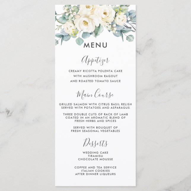 Menu de Casamento Eucalyptus Floral Branca de Ivor (Frente)