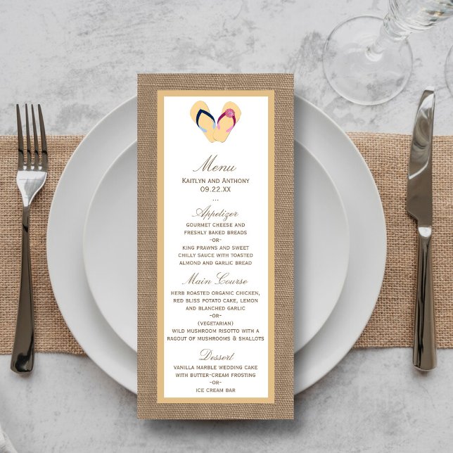 Menu de Casamento Flip Flops Sandy Beach Burlap (Criador carregado)